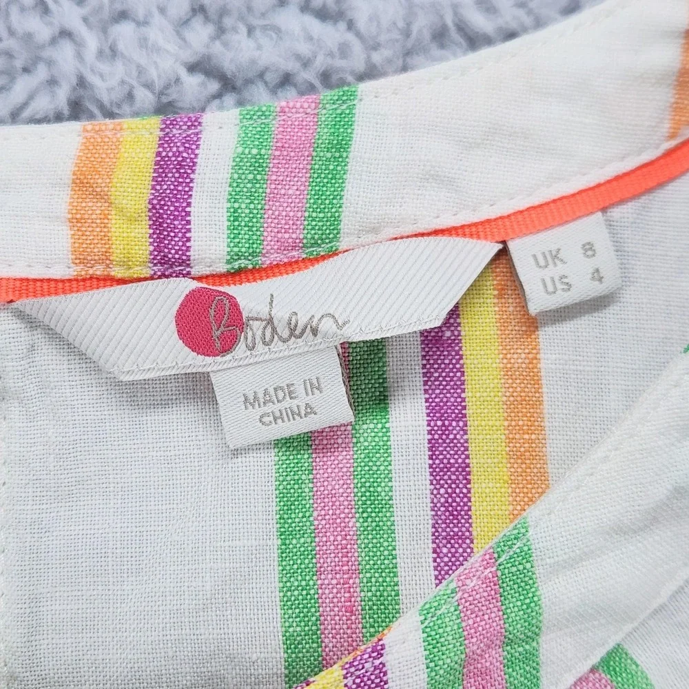 Boden Linen Tunic Blouse Womens 4 Multicolor Stripe 3/4 Sleeve Button Boat Neck - Picture 2 of 12